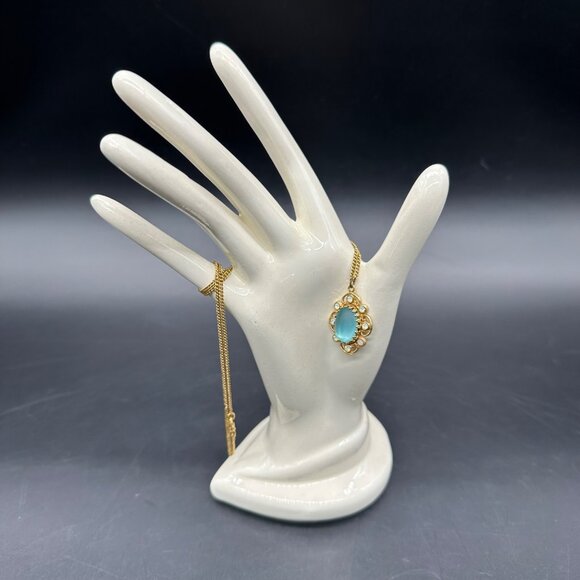 Vintage Moon Glow Necklace Victorian Style Turquoise Gold Tone Pendant Retro - Picture 2 of 8